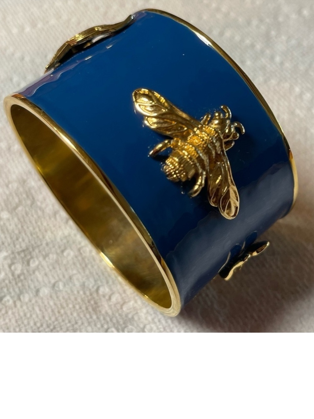 Vintage Monet Cobalt Blue Enamel Wide Cuff Bracelet Bee Butterfly Signed